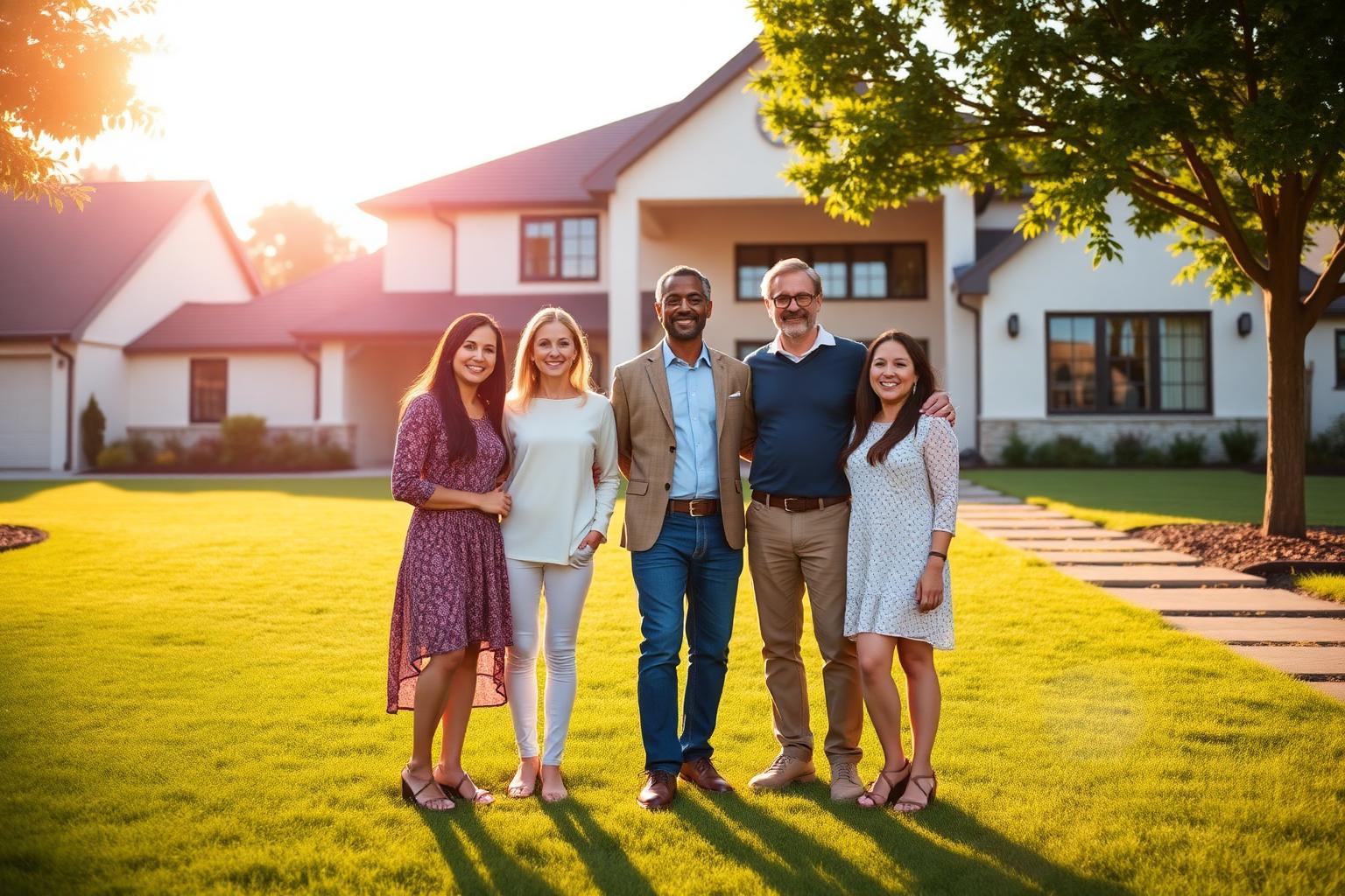 Happy family in front of their new home financed with Partners Elite Financial